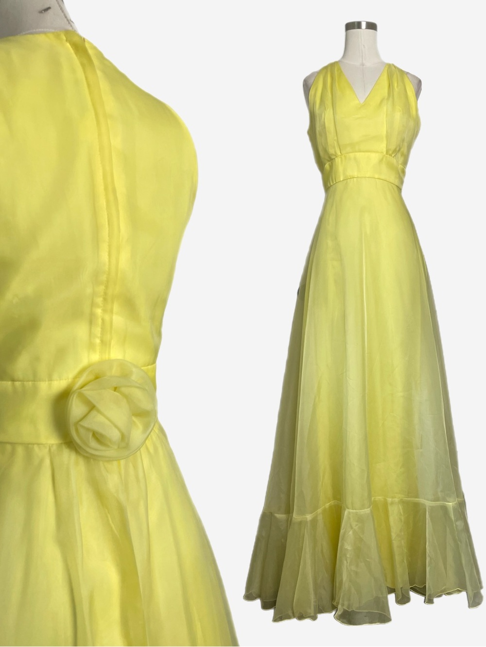 Vintage 70s Sylvia Ann Yellow chiffon ruffle rosette gown bridesmaid prom XS/S